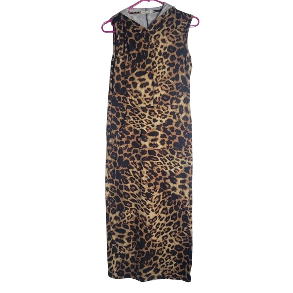 Leopard Print Sleeveless Maxi Hooded Dress W/ Pockets By Heart & Hips Size M